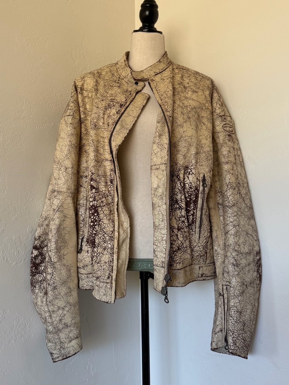 2023 Diesel Beige L-Alan Cracked Lamb Skin Leather Moto Jacket [50] [L]
